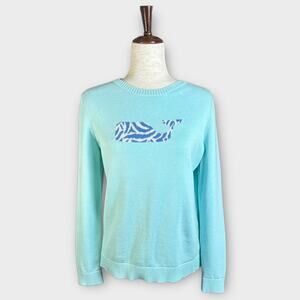 Vineyard Vines Preppy Aqua Teal Zebra Whale Pullover Crewneck Sweater Sz Medium
